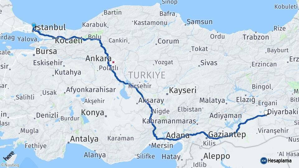 İstanbul Sarıyer Diyarbakır Arası Kaç Km - Yol Haritası