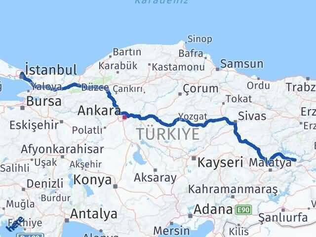 İstanbul Sarıyer Elazığ Arası Kaç Km - Yol Haritası