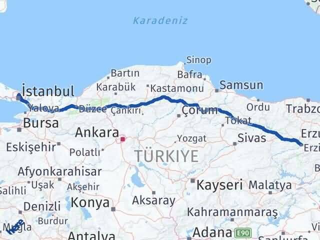 İstanbul Sarıyer Erzincan Arası Kaç Km - Yol Haritası