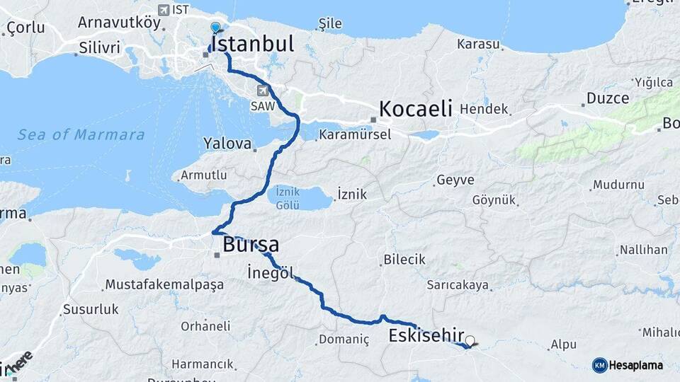 İstanbul Sarıyer Eskişehir Arası Kaç Km - Yol Haritası
