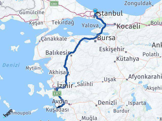 İstanbul Sarıyer Güzelçamlı Kuşadası Aydın Arası Kaç Km - Yol Haritası