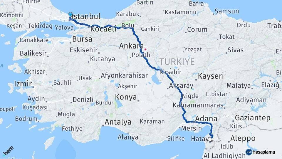 İstanbul Sarıyer Hatay Arası Kaç Km - Yol Haritası