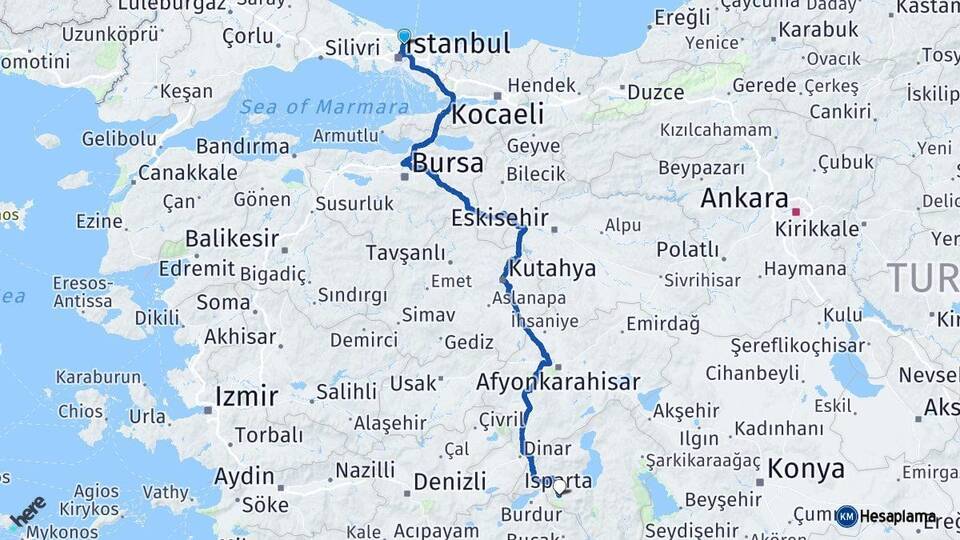 İstanbul Sarıyer Isparta Arası Kaç Km - Yol Haritası