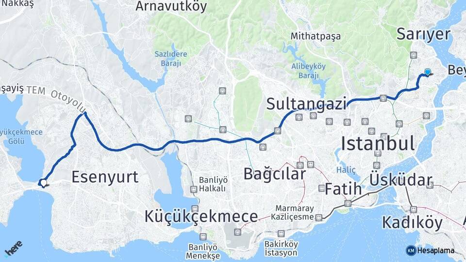 İstanbul Sarıyer İstinye Büyükçekmece Arası Kaç Km - Yol Haritası