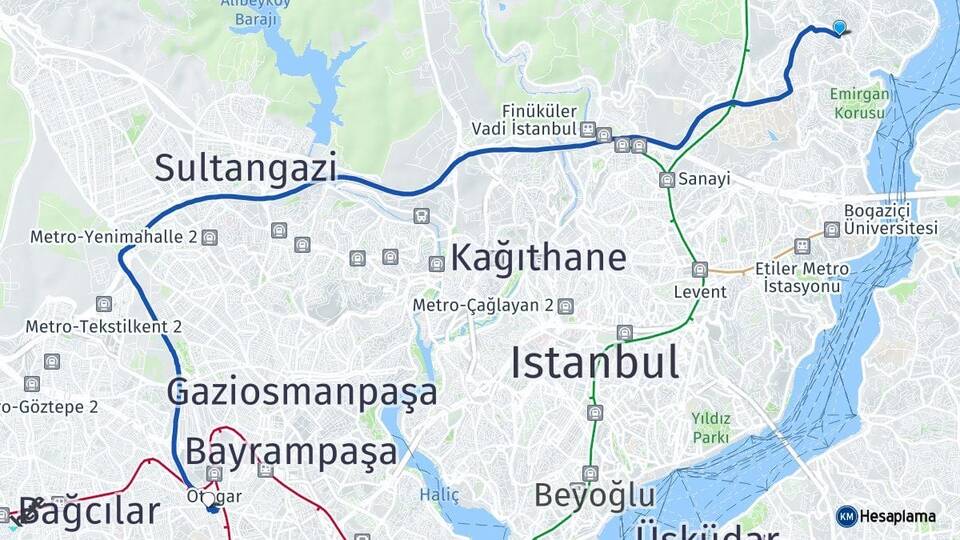 İstanbul Sarıyer İstinye Davutpaşa Esenler Arası Kaç Km - Yol Haritası
