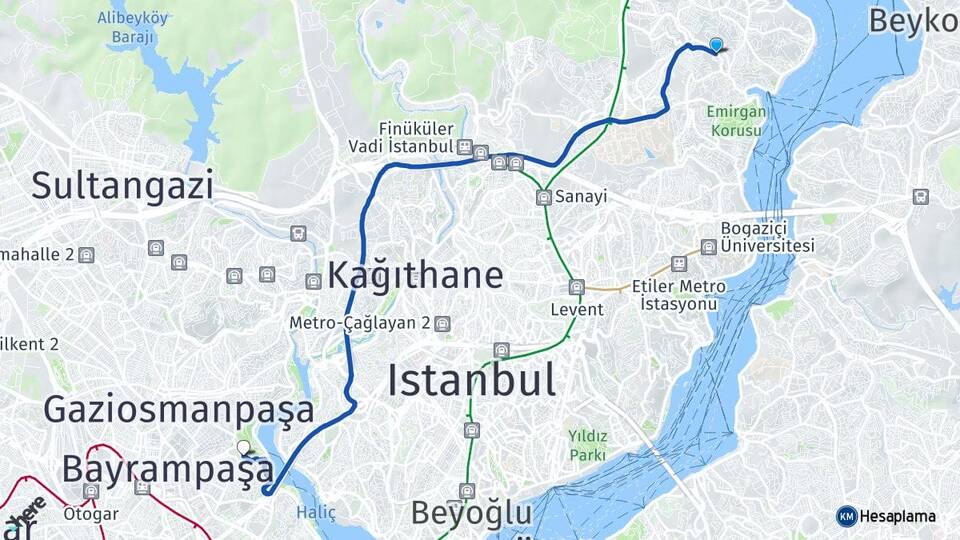İstanbul Sarıyer İstinye Eyüpsultan Arası Kaç Km - Yol Haritası