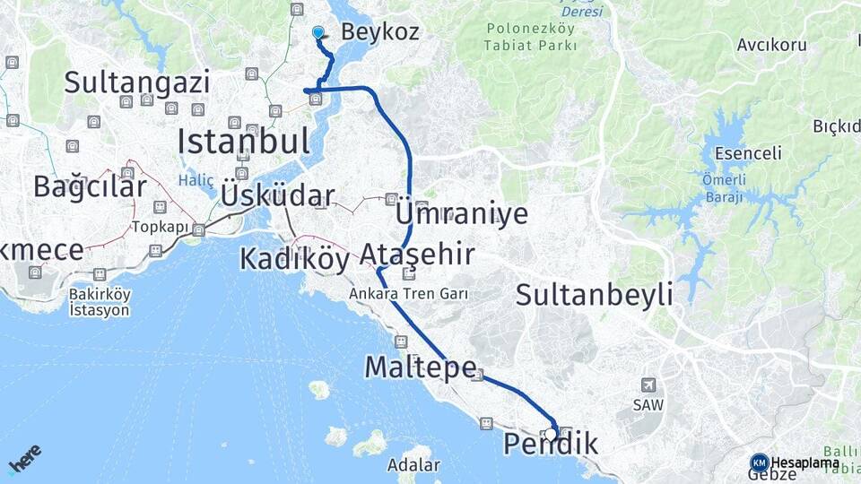 İstanbul Sarıyer İstinye Pendik Arası Kaç Km - Yol Haritası