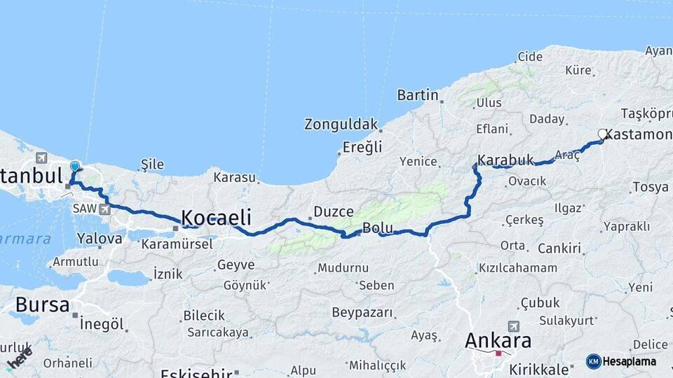 İstanbul Sarıyer Kastamonu Arası Kaç Km - Yol Haritası