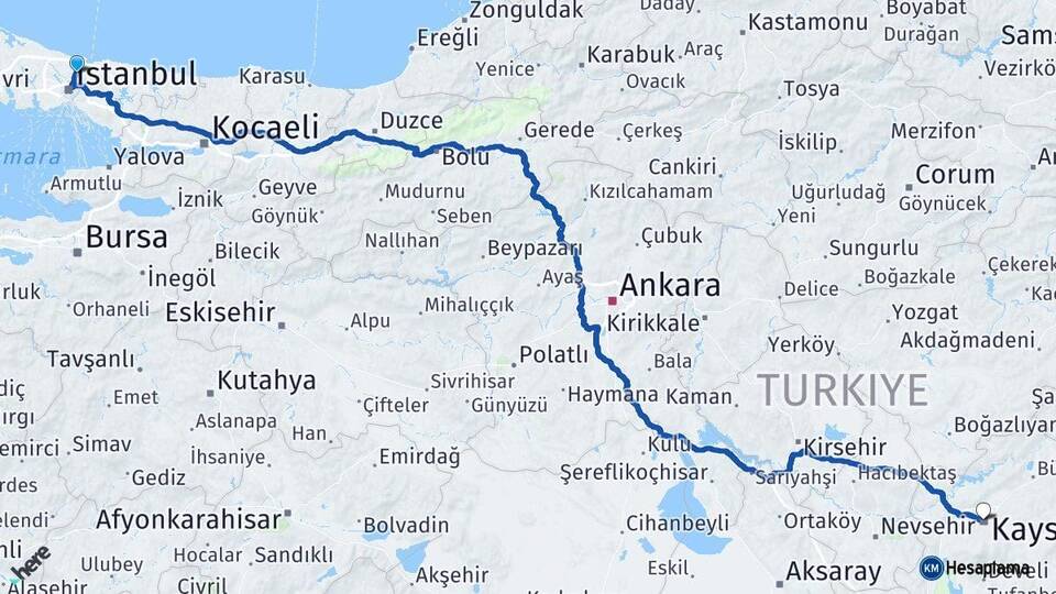 İstanbul Sarıyer Kayseri Arası Kaç Km - Yol Haritası