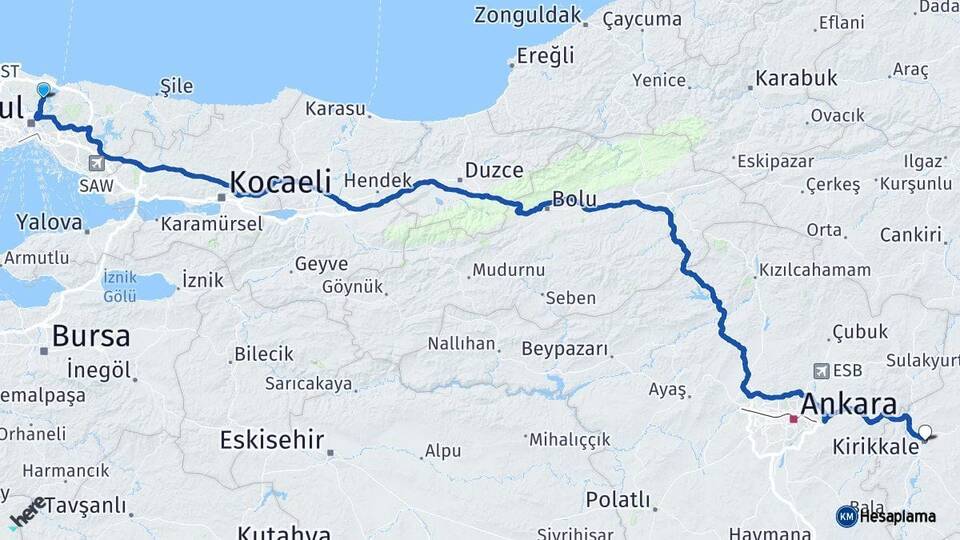 İstanbul Sarıyer Kırıkkale Arası Kaç Km - Yol Haritası