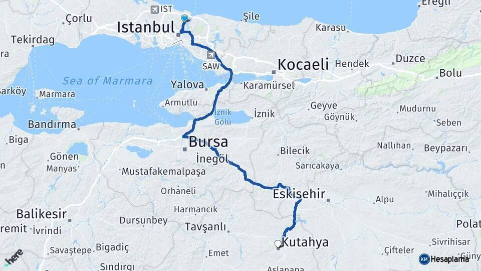İstanbul Sarıyer Kütahya Arası Kaç Km - Yol Haritası