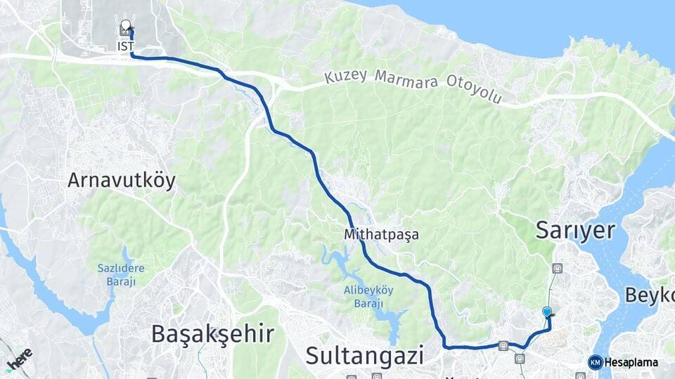 İstanbul Sarıyer Maslak İstanbul Havalimanı Arası Kaç Km - Yol Haritası