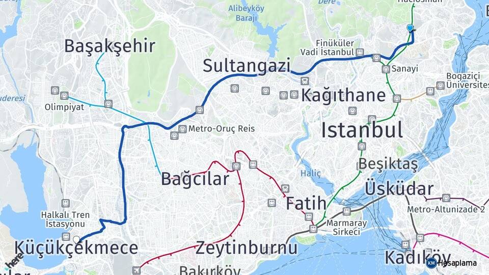 İstanbul Sarıyer Maslak Küçükçekmece Arası Kaç Km - Yol Haritası