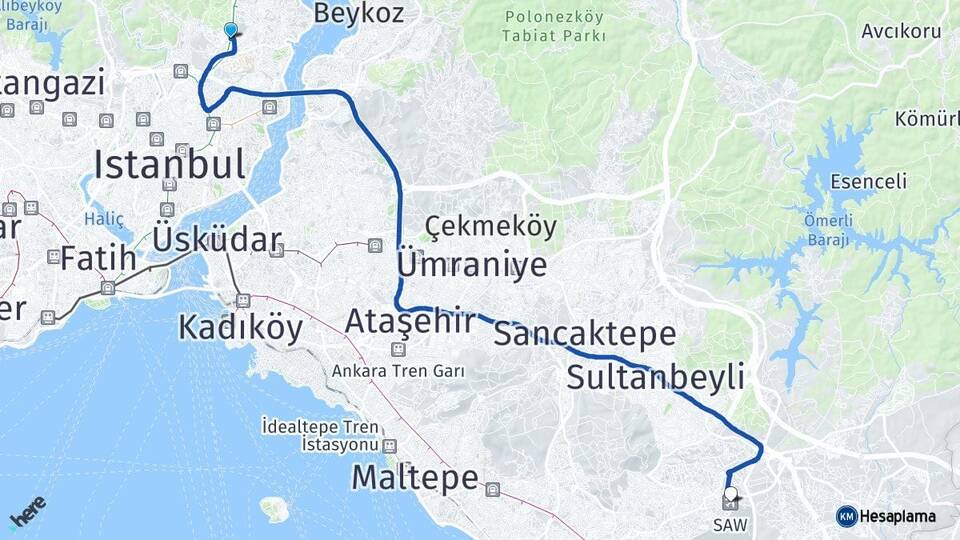 İstanbul Sarıyer Maslak Sabiha Gökçen Havalimanı Arası Kaç Km - Yol Haritası