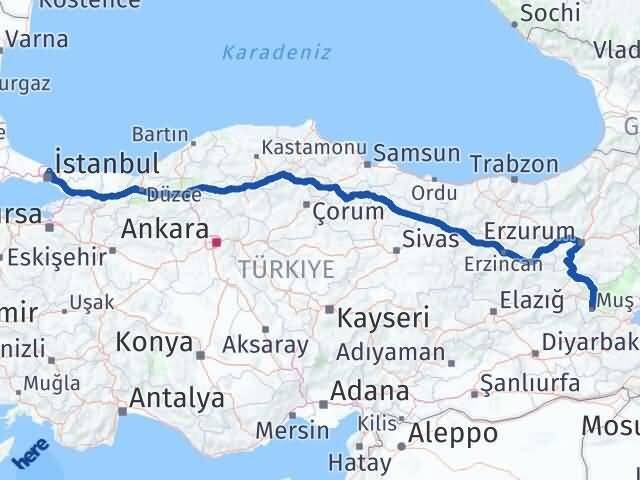 İstanbul Sarıyer Muş Arası Kaç Km - Yol Haritası