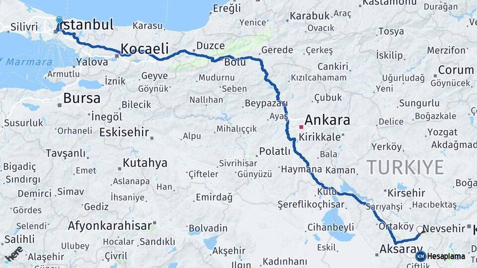 İstanbul Sarıyer Nevşehir Arası Kaç Km - Yol Haritası