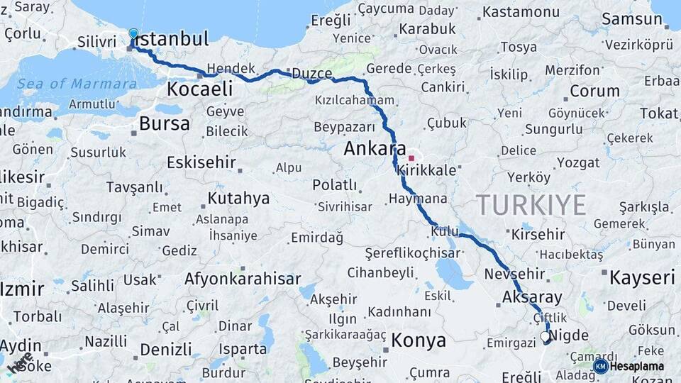 İstanbul Sarıyer Niğde Arası Kaç Km - Yol Haritası