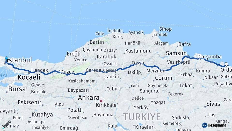 İstanbul Sarıyer Ordu Arası Kaç Km - Yol Haritası