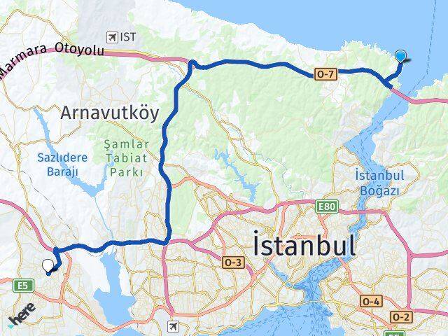 İstanbul Sarıyer Rumelifeneri Esenyurt Arası Kaç Km - Yol Haritası