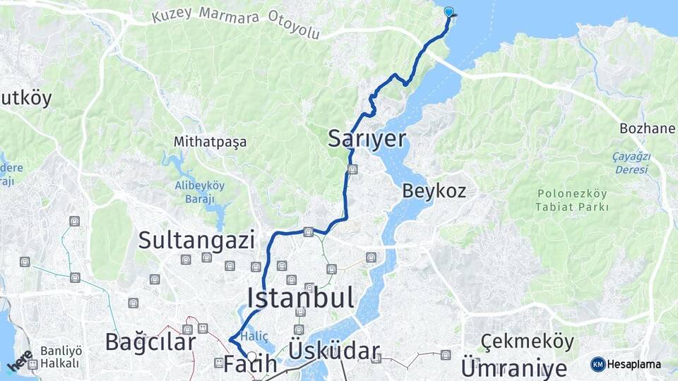 İstanbul Sarıyer Rumelifeneri Fatih Arası Kaç Km - Yol Haritası