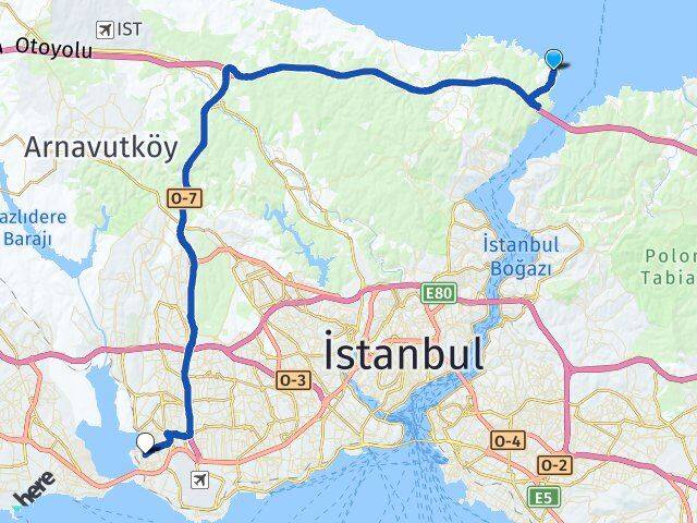 İstanbul Sarıyer Rumelifeneri Küçükçekmece Arası Kaç Km - Yol Haritası
