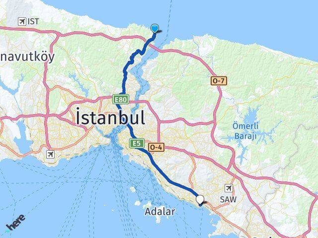 İstanbul Sarıyer Rumelifeneri Pendik Arası Kaç Km - Yol Haritası