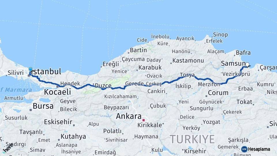 İstanbul Sarıyer Samsun Arası Kaç Km - Yol Haritası