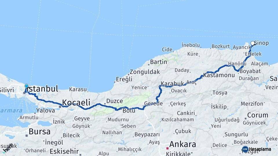 İstanbul Sarıyer Sinop Arası Kaç Km - Yol Haritası