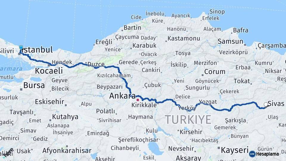 İstanbul Sarıyer Sivas Arası Kaç Km - Yol Haritası