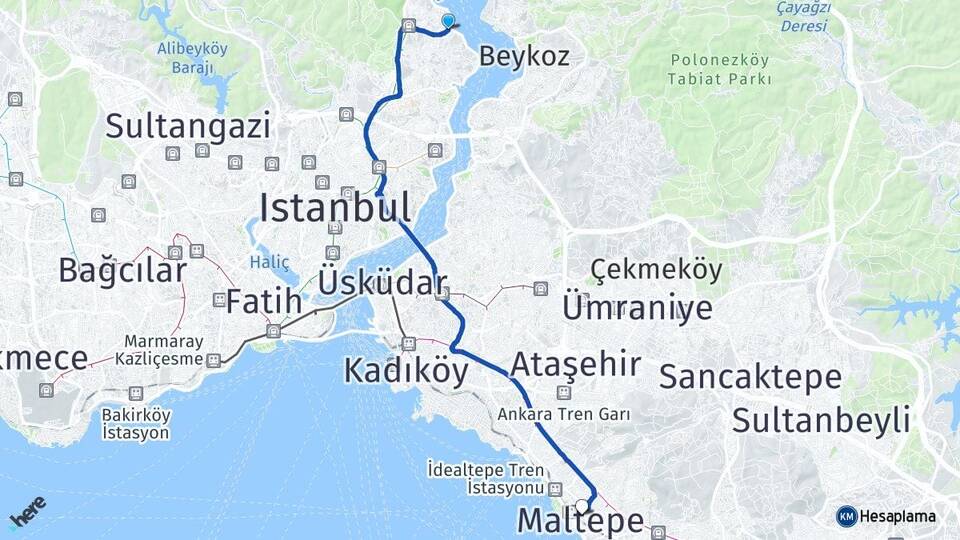 İstanbul Sarıyer Tarabya Maltepe Arası Kaç Km - Yol Haritası