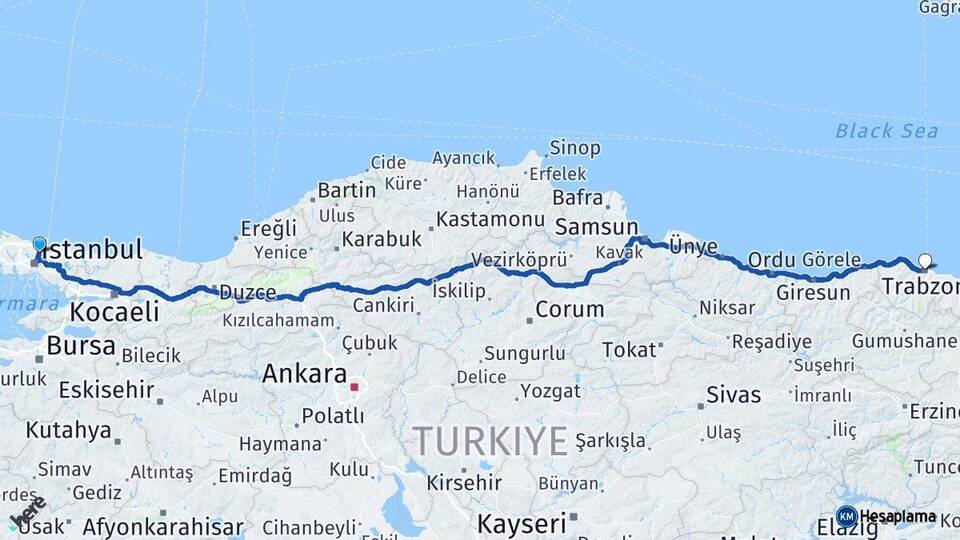 İstanbul Sarıyer Trabzon Arası Kaç Km - Yol Haritası