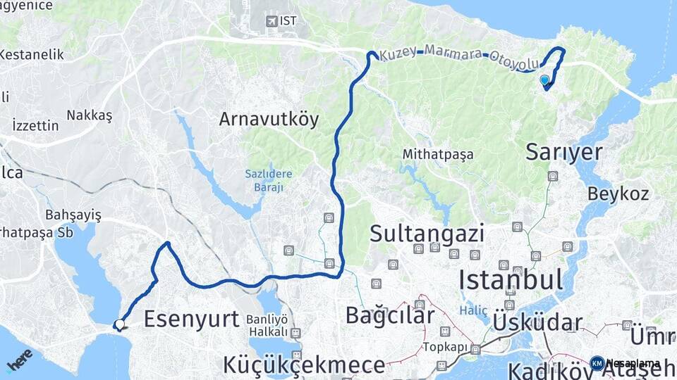 İstanbul Sarıyer Zekeriyaköy Büyükçekmece Arası Kaç Km - Yol Haritası