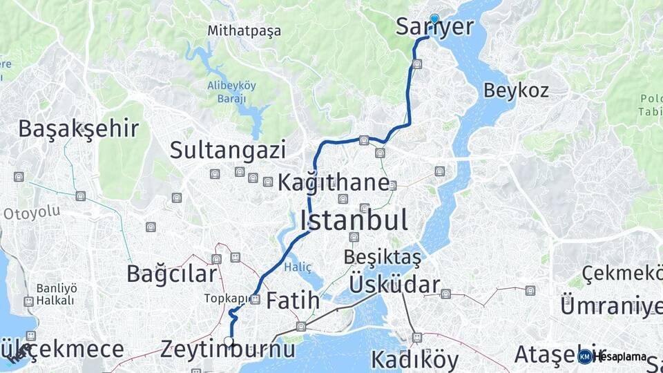 İstanbul Sarıyer Zeytinburnu Arası Kaç Km - Yol Haritası