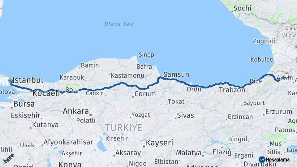 İstanbul Şavşat Artvin Arası Kaç Km - Yol Haritası
