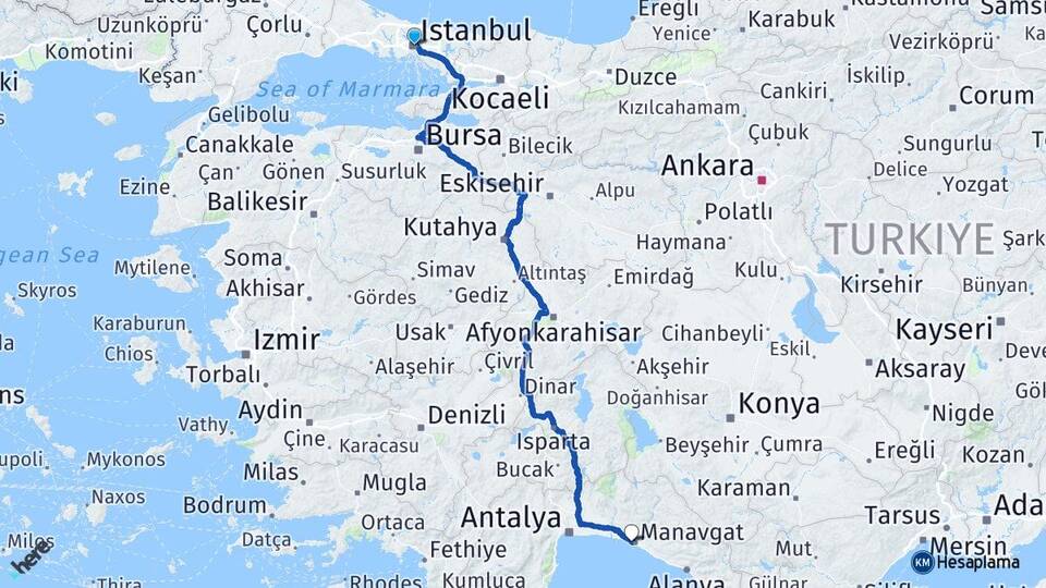 İstanbul Side Manavgat Antalya Arası Kaç Km - Yol Haritası