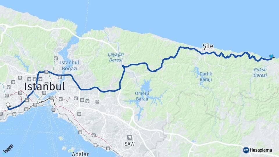 İstanbul Şile Ağva Bahçelievler Arası Kaç Km - Yol Haritası