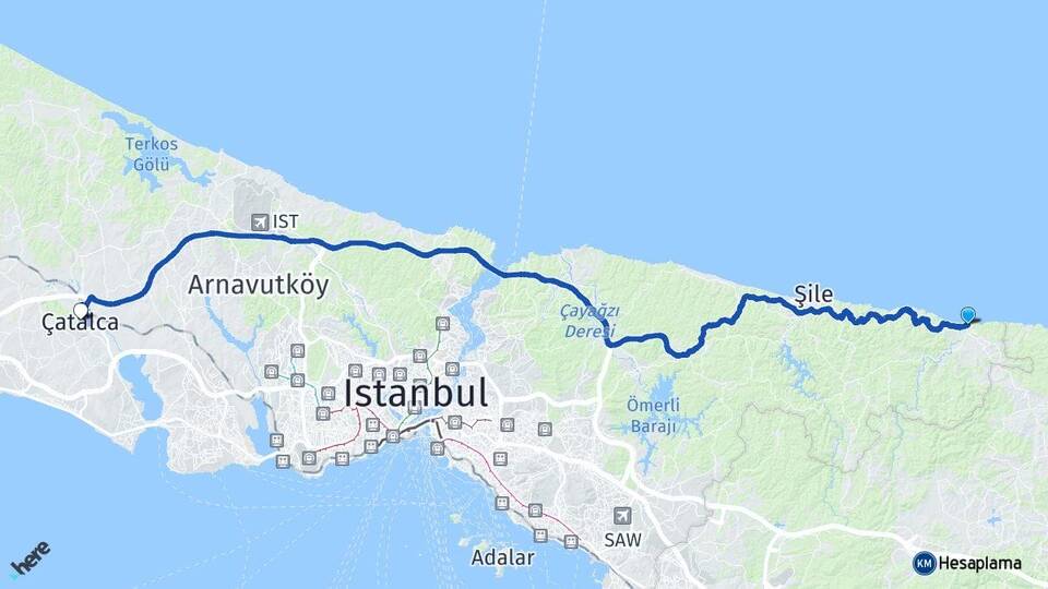 İstanbul Şile Ağva Çatalca Arası Kaç Km - Yol Haritası