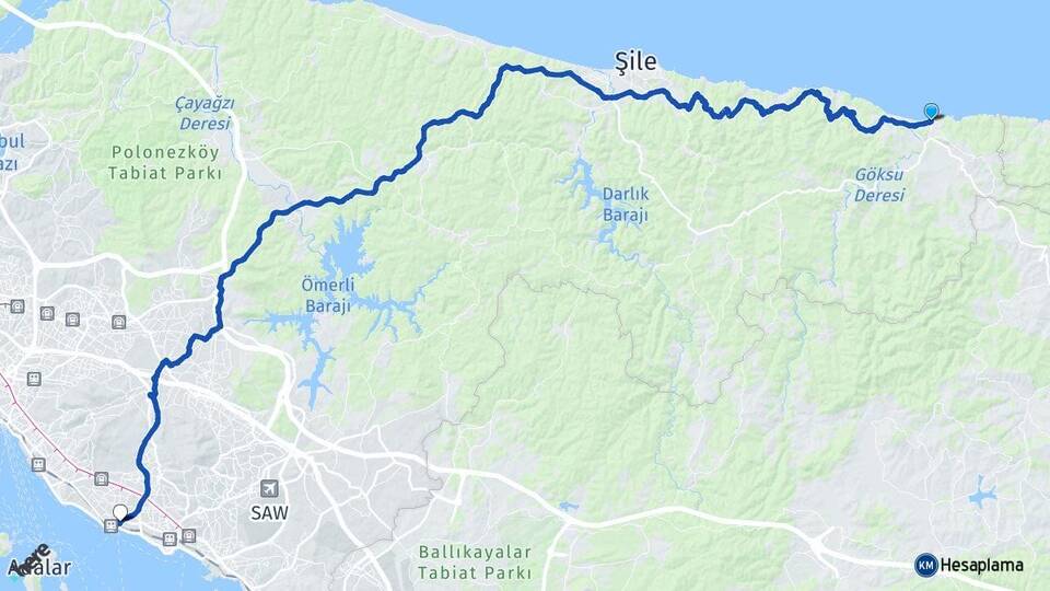 İstanbul Şile Ağva Kartal Arası Kaç Km - Yol Haritası