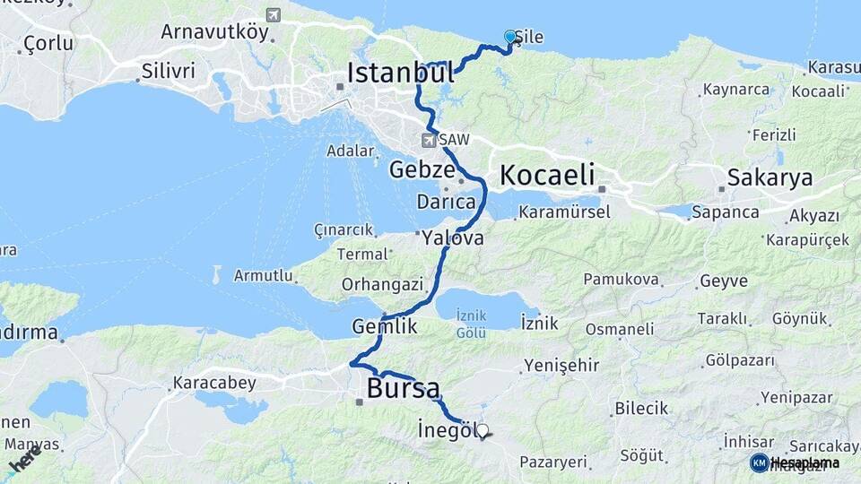 İstanbul Şile İnegöl Bursa Arası Kaç Km - Yol Haritası