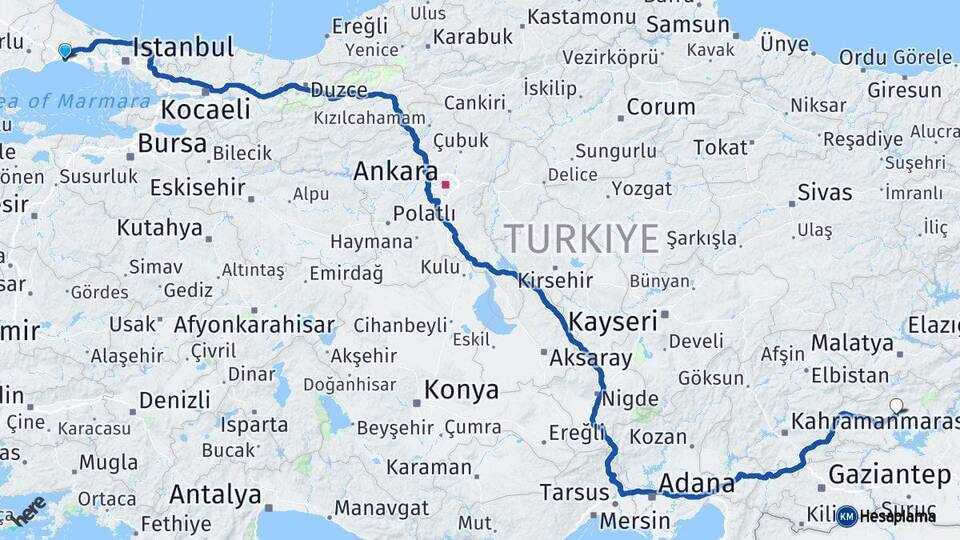 İstanbul Silivri Adıyaman Arası Kaç Km - Yol Haritası
