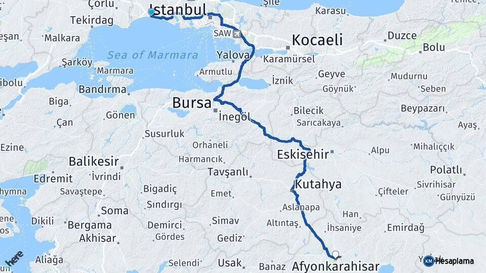İstanbul Silivri Afyonkarahisar Arası Kaç Km - Yol Haritası