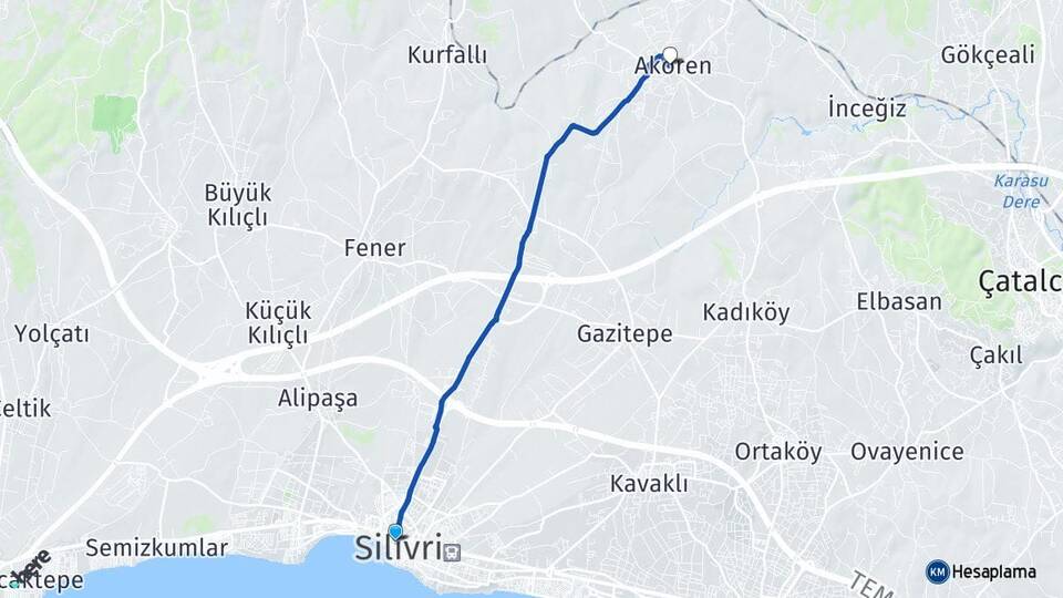 İstanbul Silivri Akören Silivri Arası Kaç Km - Yol Haritası