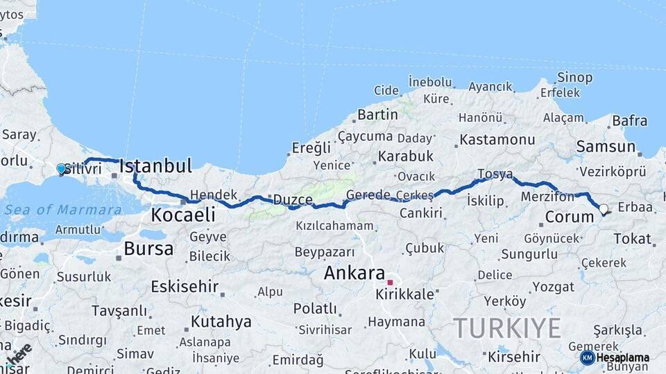 İstanbul Silivri Amasya Arası Kaç Km - Yol Haritası