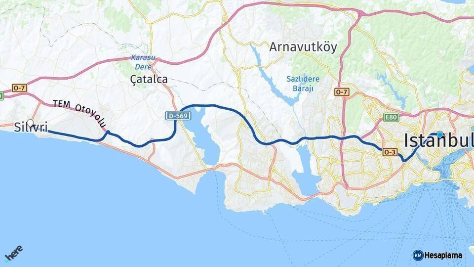 İstanbul Silivri Arası Kaç Km - Yol Haritası