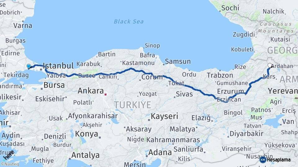 İstanbul Silivri Ardahan Arası Kaç Km - Yol Haritası