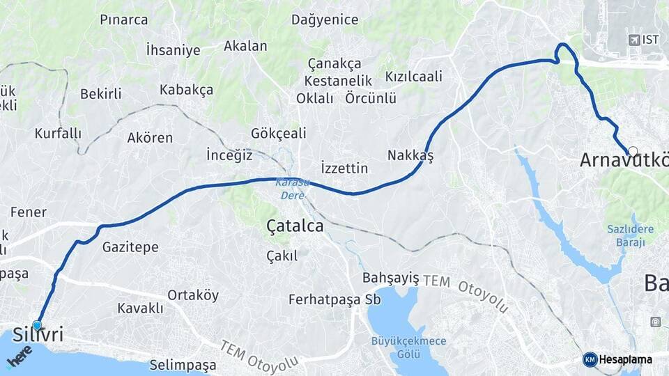 İstanbul Silivri Arnavutköy Arası Kaç Km - Yol Haritası