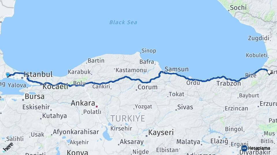 İstanbul Silivri Artvin Arası Kaç Km - Yol Haritası