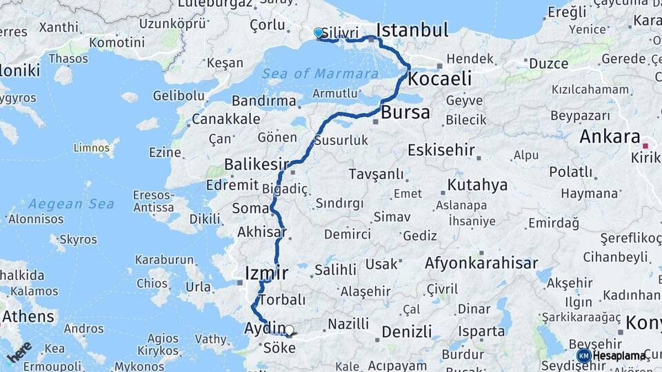 İstanbul Silivri Aydın Arası Kaç Km - Yol Haritası