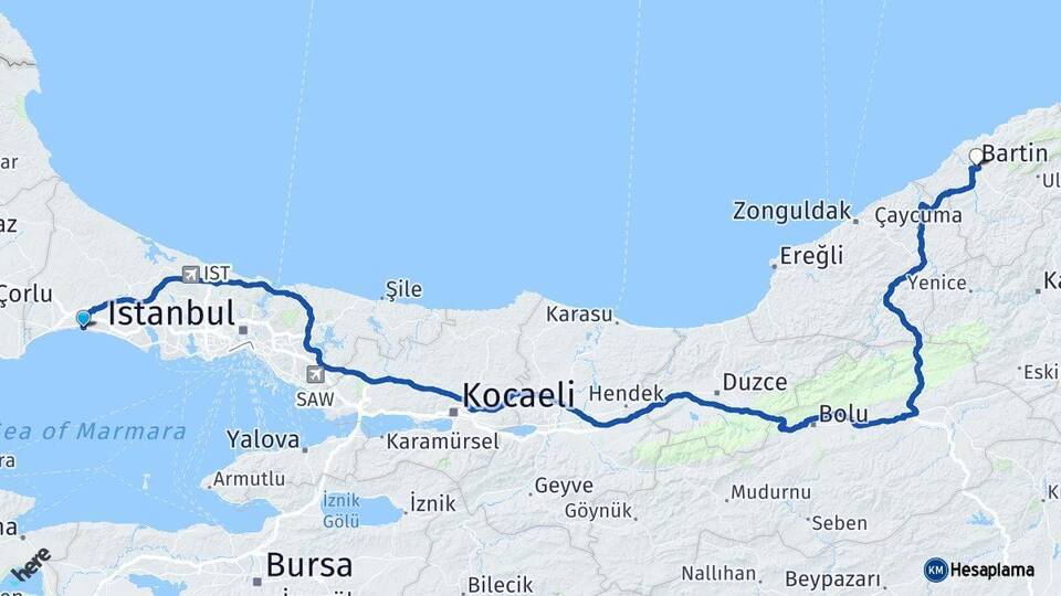 İstanbul Silivri Bartın Arası Kaç Km - Yol Haritası