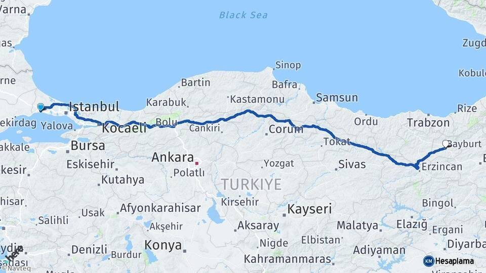 İstanbul Silivri Bayburt Arası Kaç Km - Yol Haritası